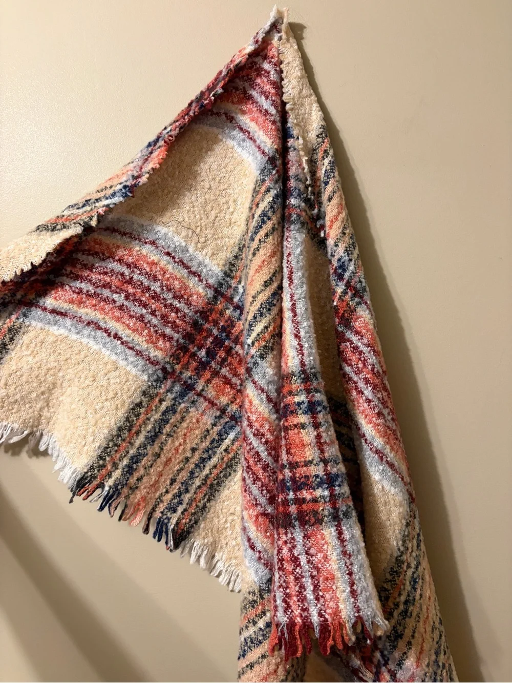 Sonoma Plaid Triangle Fringe Scarf in Cream, Red & Blue